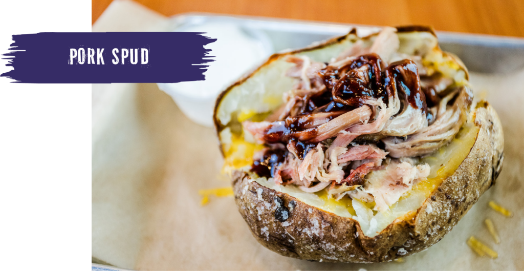 pork spud potato with brisket and bbq sauce